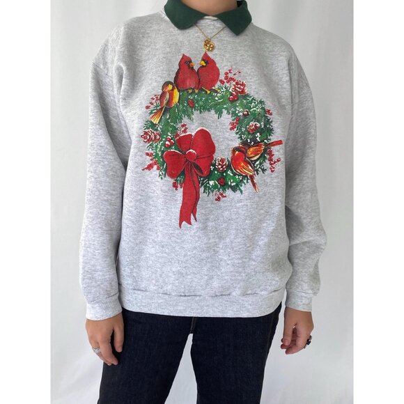 90s vintage christmas holiday wreath graphic collared graphic pullover sweater - Picture 2 of 7
